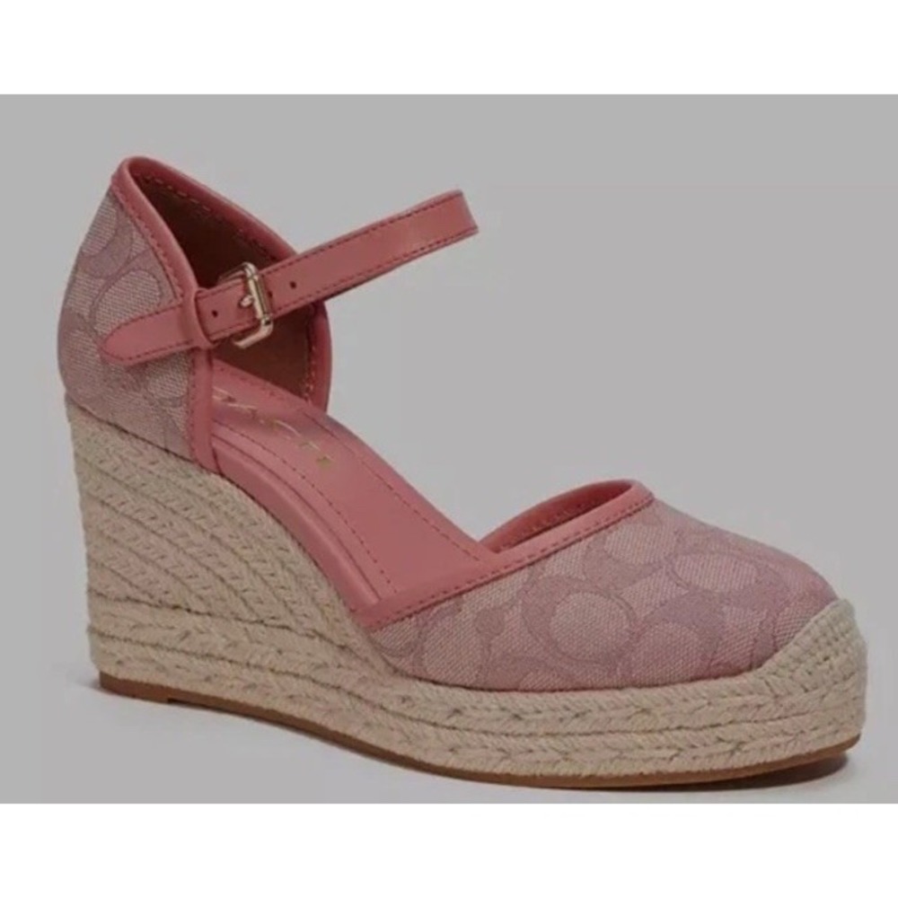 NEW Coach Raine Espadrille Signature Jacquard Pink Wedge Heel Strap Size 10